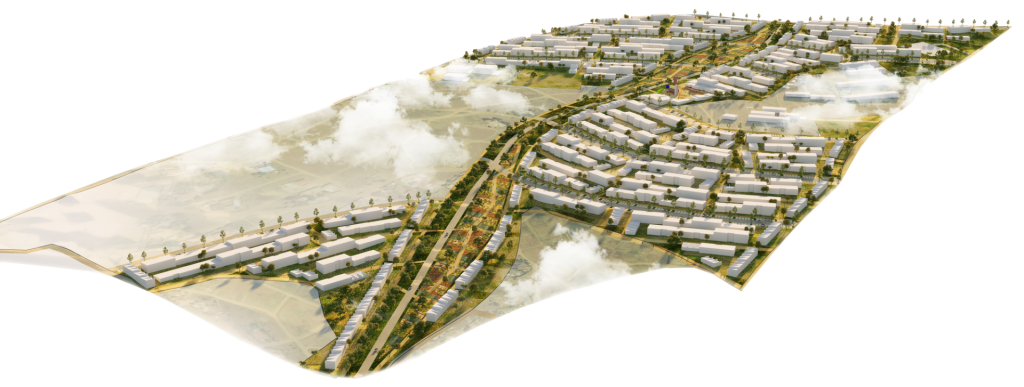 Overzicht van de situering van het Rugamara Park Estate in het heuvelachtige terrassenlandschap van Kigali in Rwanda.